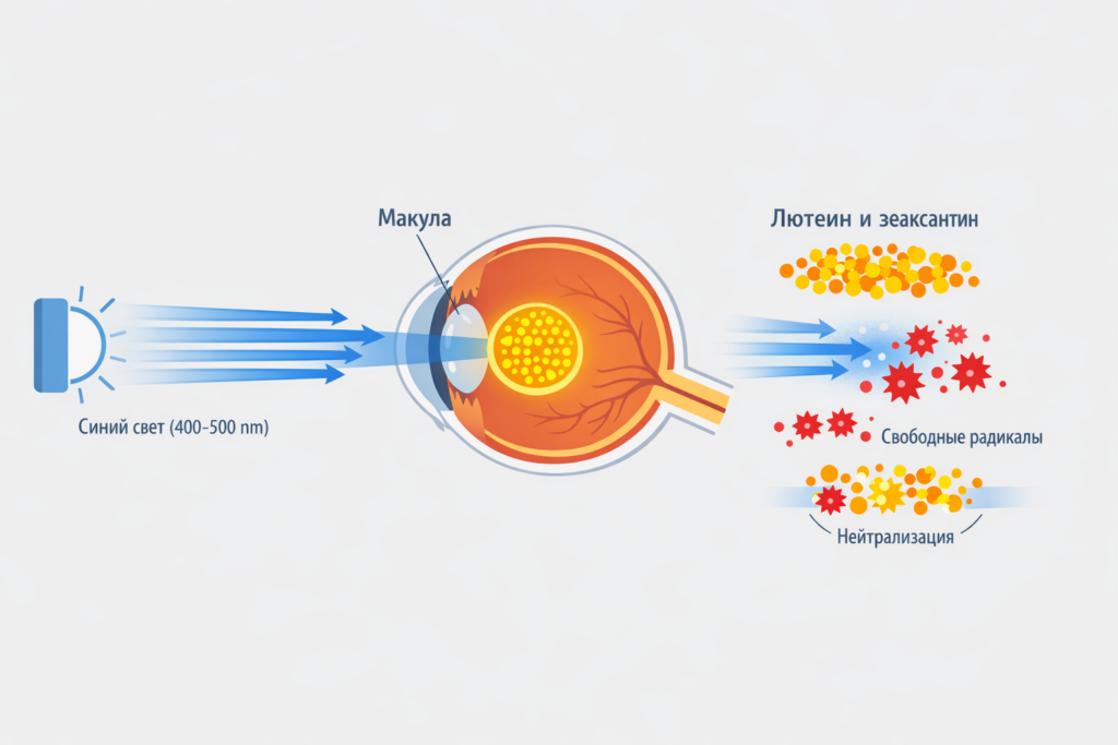Сетчатка, перерабатывая свет в нервные сигналы, потребляет много кислорода. Это приводит к образованию повреждающих клетки свободных радикалов. Для предотвращения деградации тканей глаза необходима антиоксидантная защита.