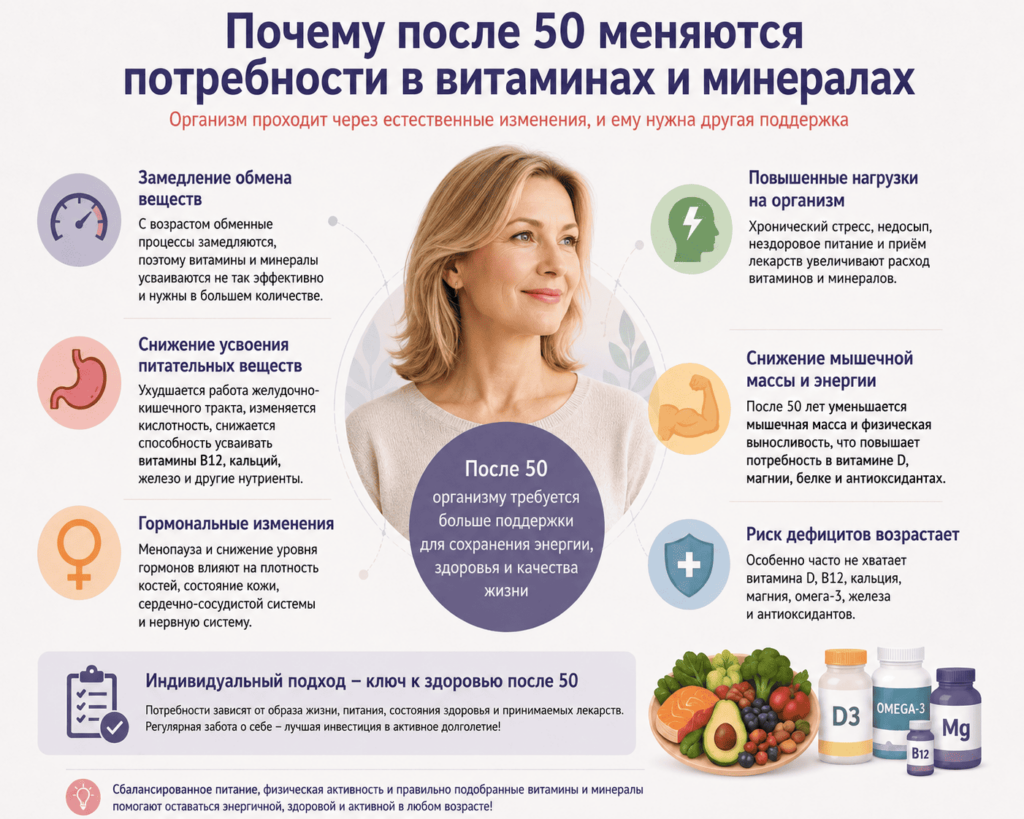 Почему после 50 лет меняются потребности в витаминах и минералах Потребность в витаминах после 50 лет