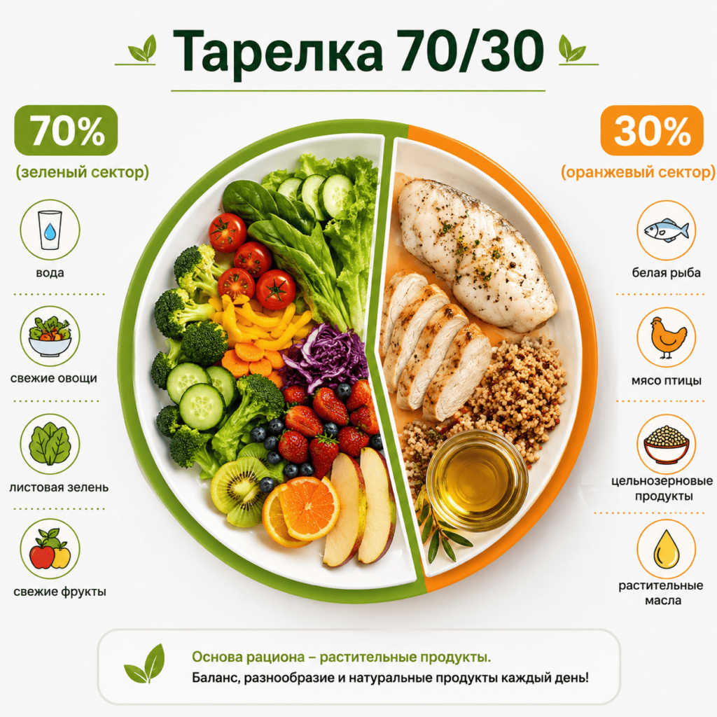 Золотое правило Пегано: 70% допустимых «щелочных» продуктов и 30% «кислотных», которых организму нужно меньше