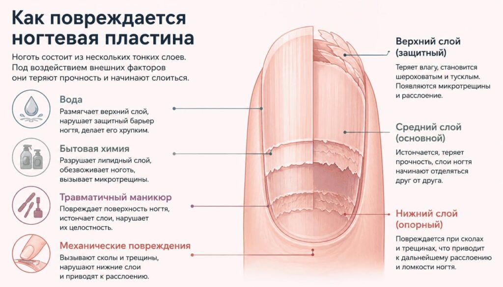 Повреждение каждого слоя снижает прочность ногтя, из-за чего он слоится, ломается и теряет здоровый вид.